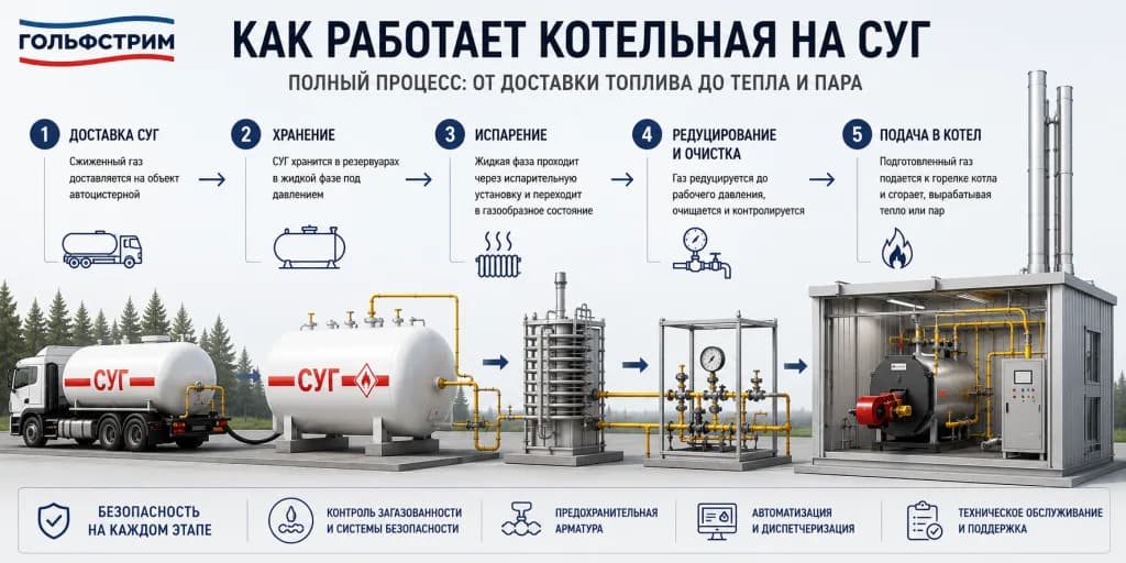 Схема работы котельной на СУГ: доставка газа автоцистерной, хранение в резервуаре, испарение, редуцирование и очистка, подача в котёл